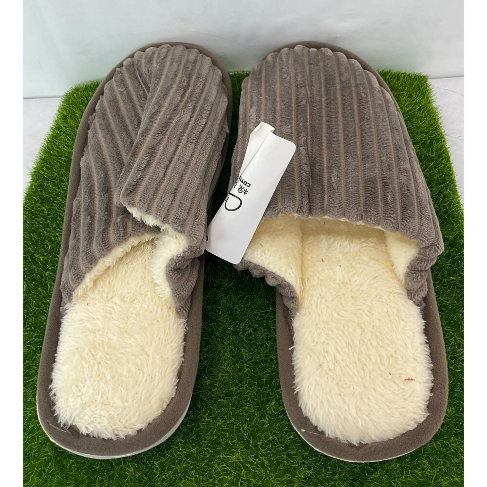New Mens Size 42-43 Gray Ribbed Plush Slippers With Faux Fur Lining & Non-Slip S
